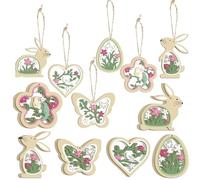 HERZWILD Lot de 24 décorations de Pâques en bois à suspendre, décoration de Pâques double face, motif lapin, papillon, fleur, œuf, cœur, décoration printanière pour arbre de Pâques, loisirs créatifs