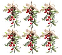 HERZWILD Lot de 6 branches de gui artificielles à paillettes avec baies pour sapin de Noël, guirlande florale, porte et fenêtre (rouge C-6 pièces)