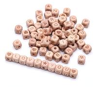 HERZWILD Lot de 72 perles en bois avec lettres - Cube, cœur, étoile - 12 mm - Naturel - Pour travaux manuels