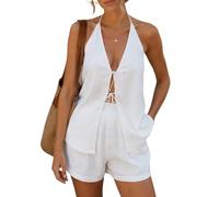 Hesaco Ensemble 2 pièces en lin pour femme - Ensemble de costumes en lin avec haut à nouer sur le devant et débardeur dos nu Y2k pour sortir, blanc, Taille M
