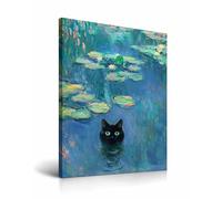 HesenDot Impression artistique murale avec cadre en forme de tête de chat, 30 x 40 cm, avec Claude Monet et nénuphar, impression amusante avec animaux, décoration murale pour la maison, le salon, la