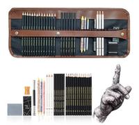 Heshengping Kit de 31 crayons à croquis, trousse de voyage portable avec graphite, fusain, crayon de couleur blanche, estompe, cadeau pour adultes débutants pour dessiner des croquis