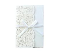 HESHUYAN Faire Part De Mariage Lot de 50 Cartes d'invitation de Mariage à Trois Volets en Dentelle avec Fleurs et Rubans Faire Part Mariage(White Cover Inner)