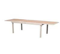 Hespéride - Table de Jardin Extensible Piazza Argile - 12 Places - Aluminium Traité Epoxy Antirouille - Plateau Verre Trempé Effet Bois - Meuble d'Extérieur à Rallonge Coulissante