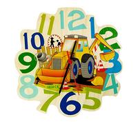 Hess Holzspielzeug 30008 - Horloge murale en bois pour enfants - Série chantier - Avec mouvement à quartz - Fabriquée à la main - Diamètre : environ 24 cm - Affichage de l'heure coloré pour chambre