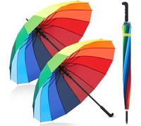 Hestya 2 Pcs Parapluies Cannes Arc-en-Ciel Grand Parapluie Coloré à Ouverture Automatique Parapluie Coupe-Vent à 16 Baleines Parapluie de Golf à Long Manche Droit pour Voyage LGBT, 88 cm de Diamètre