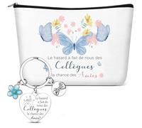Hestya 2 Pièces Cadeau Collegue de Travail Femme Noël Trousse Cosmétique Porte-Clés Papillon Bleu Pochette de Maquillage Cadeau Depart Collègue de Travail pour Amies Anniversaire Retraite