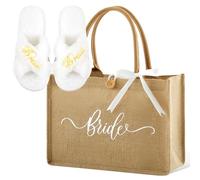 Hestya 2 Pièces Coffret Cadeau de Mariée Sac Fourre-Tout en Jute Chaussons de Mariée Blancs Brodés Cadeau pour Enterrement de Vie de Jeune Fille Mariage