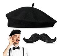 Hestya 2 Pièces Costume Français pour Hommes Comprend un Béret et une Fausse Moustache Autocollante Adulte Unisexe Accessoires de Style Français pour Hommes pour Costume de Carnaval Coiffure