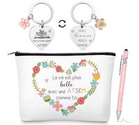 Hestya 3 Cadeaux pour Maitresse d'École Atsem 1 Trousse de Maquillage Pochette de Toilettes 1 Porte Clés avec Gravure 1 Stylo à Bille Cadeau Merci AESH Fin d'Année Institutrice Enseignants Maternelle
