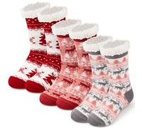 Hestya 3 Paires de Chaussons de Noël Chaussettes de Lit Antidérapantes Chaussettes d'Hiver Moelleuses pour Noël(Unisexe,Élan)