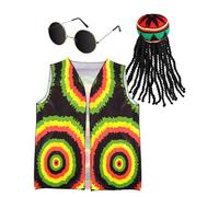 Hestya 3 Pcs Accessoires de Costume Hippie Chapeau de Hippie avec Perruque Dreadlocks Noires Gilet Hippie Unisexe Lunettes Hippie pour Homme Adulte Cadeau Fête Cosplay Déguisement Halloween(Reggae)