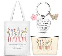 Hestya 3 Pièces Cadeau pour Maman Inclure Sac Cabas en Toile Trousse de Maquillage Porte-Clés Coeur Merci Cadeau de Noël d'Anniversaire de Fête des Mères de Thanksgiving pour Maman