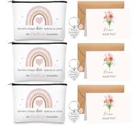 Hestya 3 Sets Cadeaux Merci pour Maîtresse d'École Trousse de Maquillage Enseignant Porte-Clés Pochette Cadeau de Remerciement Carte avec Enveloppe pour Professeur Fin d'Année Graduation(Élégant)