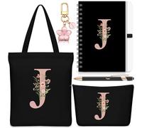 Hestya 5 Pièces Cadeau Lettre Trousse de Maquillage, Trousse de Transport, Porte-Clés, Carnet, Stylo à Bille Cadeau Motif Alphabet pour l'École, Un Anniversaire ou Noël(Noir,Lettre J)