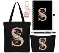 Hestya 5 Pièces Cadeau Lettre Trousse de Maquillage, Trousse de Transport, Porte-Clés, Carnet, Stylo à Bille Cadeau Motif Alphabet pour l'École, Un Anniversaire ou Noël(Noir,Lettre S)
