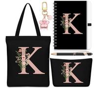 Hestya 5 Pièces Cadeau Lettre Trousse de Maquillage, Trousse de Transport, Porte-Clés, Carnet, Stylo à Bille Cadeau Motif Alphabet pour l'École, Un Anniversaire ou Noël(Noir,Lettre K)