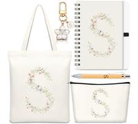 Hestya 5 Pièces Cadeau Lettre Trousse de Maquillage, Trousse de Transport, Porte-Clés, Carnet, Stylo à Bille Cadeau Motif Alphabet pour l'École, Un Anniversaire ou Noël(Beige,Lettre S)