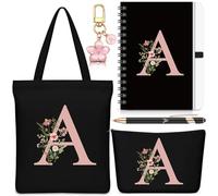 Hestya 5 Pièces Cadeau Lettre Trousse de Maquillage, Trousse de Transport, Porte-Clés, Carnet, Stylo à Bille Cadeau Motif Alphabet pour l'École, Un Anniversaire ou Noël(Noir,Lettre A)