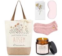 Hestya 5 Pièces Cadeaux pour Atsem Maîtresse Sac avec Ruban Dentelle Bougie Parfumée Masque de Sommeil Occultant Chaussettes Carte Vœux Ornée de Gypsophile Séchée Merci Atsem Cadeaux pour Fin d'Anné