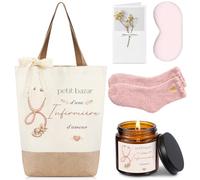 Hestya 5 Pièces Cadeaux pour Infirmière Sac avec Ruban Dentelle Bougie Parfumée Masque de Sommeil Occultant Chaussettes Carte Vœux Ornée de Gypsophile Séchée Merci Infirmière Cadeaux pour Fin d'Anné