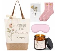 Hestya 5 Pièces Cadeaux pour Marraine Sac avec Ruban Dentelle Bougie Parfumée Masque de Sommeil Occultant Chaussettes Carte Vœux Ornée de Gypsophile Séchée Merci Marraine Cadeaux pour Anniversaire