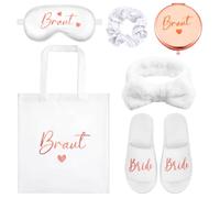 Hestya 6 Pcs Cadeaux de Douche Nuptiale Accessoire EVJF Pantoufles Chouchou Blanc Bandeau des Cheveux Sac Fourre-Tout Masque de Yeux en Satin Miroir de Maquillage pour Mariée Mariage(Or Rose)