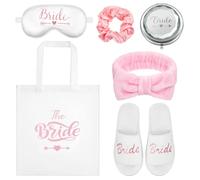 Hestya 6 Pcs Cadeaux de Douche Nuptiale Comprenant Pantoufles, Chouchou Rose, Bandeau des Cheveux, Sac Fourre-Tout, Masque des Yeux en Soie, Miroir de Maquillage pour Mariée Mariage(Rose)