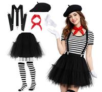 Hestya 6 Pièces Costume de Mime de Carnaval pour Femme Jupe Tutu Noire Béret Bretelles Chaussettes Rayées Montantes Écharpe Rouge Gants Blancs pour Cosplay de Carnaval Costumes de Mardi Gras