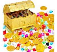 Hestya Coffre au Trésor de Pirate avec 50 Pièces d'Or en Plastique et 50 Fausses Pierres Précieuses Trésor Pirate Boîte au Trésor Antique avec Serrure pour Cadeaux de Fête de Noël Pâques (Novel)