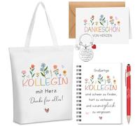 Hestya Coffret Cadeau de Remerciements 6 Pièces pour Collègue Kollegin Mit Herz pour Collègue Préféré Sac en Toile Porte-Clés Carnet à Spirale Stylo à Bille Carte Cadeau de Adieu et Noël