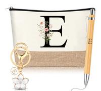 Hestya Lot de 3 Cadeaux pour Femmes avec Initiale Florale Trousse de Maquillage Porte-Clés Stylo à Bille Cadeaux pour Maman Amie Mariée Demoiselle d'honneur Anniversaire(Lettre E,Blanc,Bois)