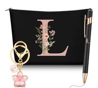 Hestya Lot de 3 Cadeaux pour Femmes avec Initiale Florale Trousse de Maquillage Porte-Clés Stylo à Bille Cadeaux pour Maman Amie Mariée Demoiselle d'honneur Anniversaire(Lettre L,Noir,Métal)