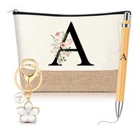 Hestya Lot de 3 Cadeaux pour Femmes avec Initiale Florale Trousse de Maquillage Porte-Clés Stylo à Bille Cadeaux pour Maman Amie Mariée Demoiselle d'honneur Anniversaire(Lettre A,Blanc,Bois)