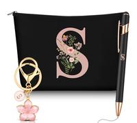 Hestya Lot de 3 Cadeaux pour Femmes avec Initiale Florale Trousse de Maquillage Porte-Clés Stylo à Bille Cadeaux pour Maman Amie Mariée Demoiselle d'honneur Anniversaire(Lettre S,Noir,Métal)