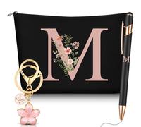 Hestya Lot de 3 Cadeaux pour Femmes avec Initiale Florale Trousse de Maquillage Porte-Clés Stylo à Bille Cadeaux pour Maman Amie Mariée Demoiselle d'honneur Anniversaire(Lettre M,Noir,Métal)