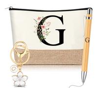 Hestya Lot de 3 Cadeaux pour Femmes avec Initiale Florale Trousse de Maquillage Porte-Clés Stylo à Bille Cadeaux pour Maman Amie Mariée Demoiselle d'honneur Anniversaire(Lettre G,Blanc,Bois)