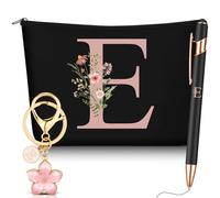 Hestya Lot de 3 Cadeaux pour Femmes avec Initiale Florale Trousse de Maquillage Porte-Clés Stylo à Bille Cadeaux pour Maman Amie Mariée Demoiselle d'honneur Anniversaire(Lettre E,Noir,Métal)