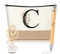 Hestya Lot de 3 Cadeaux pour Femmes avec Initiale Florale Trousse de Maquillage Porte-Clés Stylo à Bille Cadeaux pour Maman Amie Mariée Demoiselle d'honneur Anniversaire(Lettre C,Blanc,Bois)