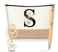 Hestya Lot de 3 Cadeaux pour Femmes avec Initiale Florale Trousse de Maquillage Porte-Clés Stylo à Bille Cadeaux pour Maman Amie Mariée Demoiselle d'honneur Anniversaire(Lettre S,Blanc,Bois)