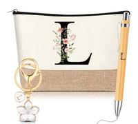 Hestya Lot de 3 Cadeaux pour Femmes avec Initiale Florale Trousse de Maquillage Porte-Clés Stylo à Bille Cadeaux pour Maman Amie Mariée Demoiselle d'honneur Anniversaire(Lettre L,Blanc,Bois)