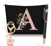Hestya Lot de 3 Cadeaux pour Femmes avec Initiale Florale Trousse de Maquillage Porte-Clés Stylo à Bille Cadeaux pour Maman Amie Mariée Demoiselle d'honneur Anniversaire(Lettre A,Noir,Métal)