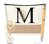 Hestya Lot de 3 Cadeaux pour Femmes avec Initiale Florale Trousse de Maquillage Porte-Clés Stylo à Bille Cadeaux pour Maman Amie Mariée Demoiselle d'honneur Anniversaire(Lettre M,Blanc,Bois)
