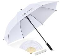 Hestya Parapluie de Mariage Blanc et Éventails avec Boîte, 120 cm | Avec Mr et Mrs Imprimés pour Fête Nuptiale, Parapluie Solaire Blanc, Éventail Pliable à Main, Boîte Cadeau
