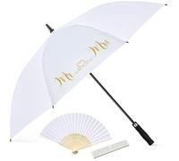 Hestya Parapluie de Mariage de Mariée avec Imprimé Mr et Mrs, 120 cm | Pliant à Main, Résistant au Vent, Portable, Avec Boîte Cadeau, Parasol Ombrelle Vintage, Blanc, Décoration de Fête