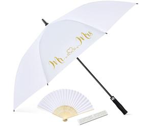 Hestya Parapluie de Mariage de Mariée avec Imprimé Mr et Mrs, 120 cm | Pliant à Main, Résistant au Vent, Portable, Avec Boîte Cadeau, Parasol Ombrelle Vintage, Blanc, Décoration de Fête