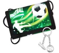 Hestya Porte-Monnaie pour Enfant Garçon Fille Portefeuille en Nylon avec Porte-Clés Pochette Tour de Cou de Voyage Portefeuille à Trois Volets Cadeau d'Anniversaire pour Fille Garçon(Vert-Noir,Soccer)