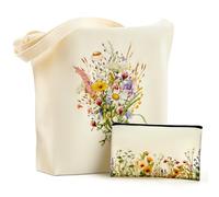 Hestya Sac Fourre-Tout en Tissu Grand Sac de Courses en Toile Trousse à Cosmétique avec Fermeture Éclair Sac à Shopping Imprimé pour Femme École Travail Voyage (Fleurs Sauvages)