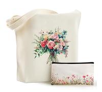 Hestya Sac Fourre-Tout en Tissu Grand Sac de Courses en Toile Trousse à Cosmétique avec Fermeture Éclair Sac à Shopping Imprimé pour Femme École Travail Voyage (Rose, Eucalyptus)