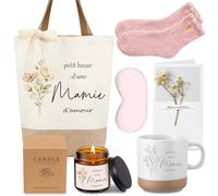 Hestya Set Cadeau pour Mamie Sac de Courses de Mamie d’Amour en Toile de Jute et Coton pour Fête Grand Mère Tasse à Fleurs Bougie Parfumée Chaussettes Masque Yeux Carte de Vœux avec Fleurs Séchées